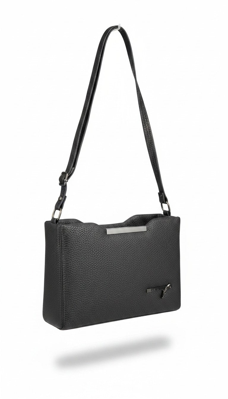 Bmart barihat black pebbled leather shoulder bag with a silver metal accent bar and adjustable strap
