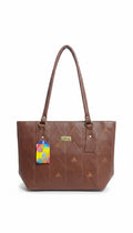 Bmart barihat brown faux leather tote bag with geometric triangle stitching and gold hardware details