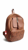 Bmart barihat brown faux leather backpack with a front pocket featuring a circular pattern and tassel zipper pull