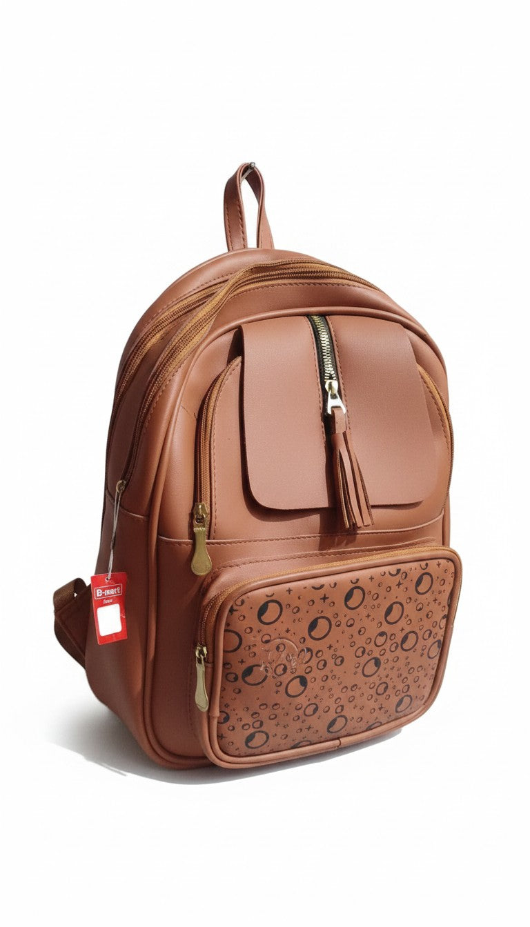 Bmart barihat brown faux leather backpack with a front pocket featuring a circular pattern and tassel zipper pull