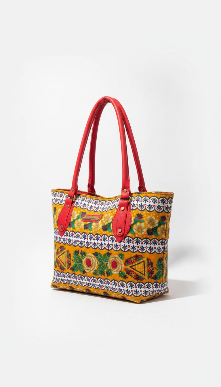 Bmart barihat mustard yellow tote bag with vibrant floral patterns and red leather shoulder straps