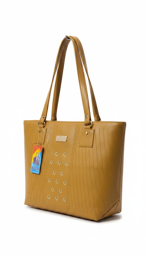 Bmart barihat mustard yellow faux leather tote bag with vertical stitching and floral stud embellishments