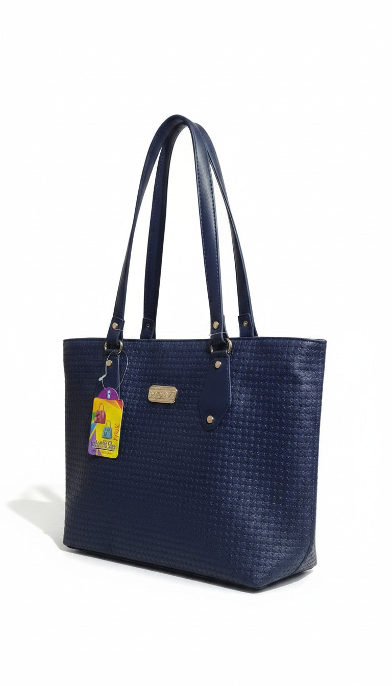 Bmart barihat navy blue textured faux leather tote bag with dual shoulder straps and gold hardware