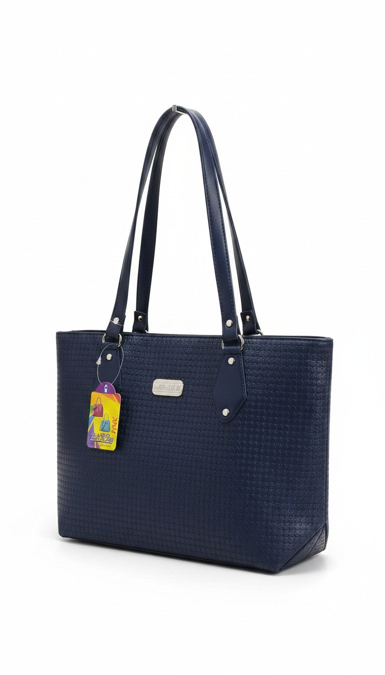 Bmart barihat navy blue textured faux leather tote bag with dual shoulder straps and silver hardware