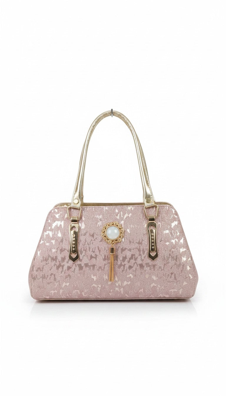 Bmart barihat pink glitter handbag with gold metallic handles and a central decorative pearl and tassel charm
