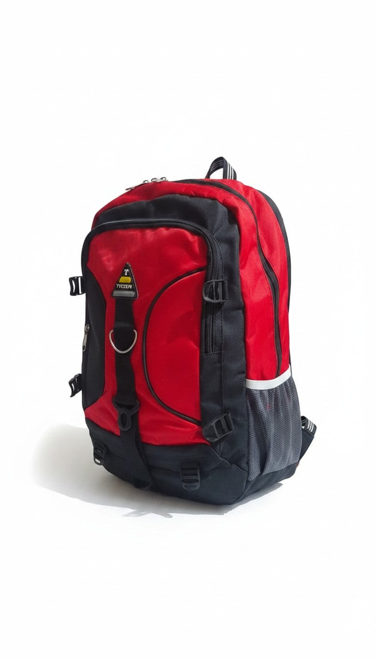 Bmart barihat red and black nylon backpack with multiple zippered compartments and side mesh pockets