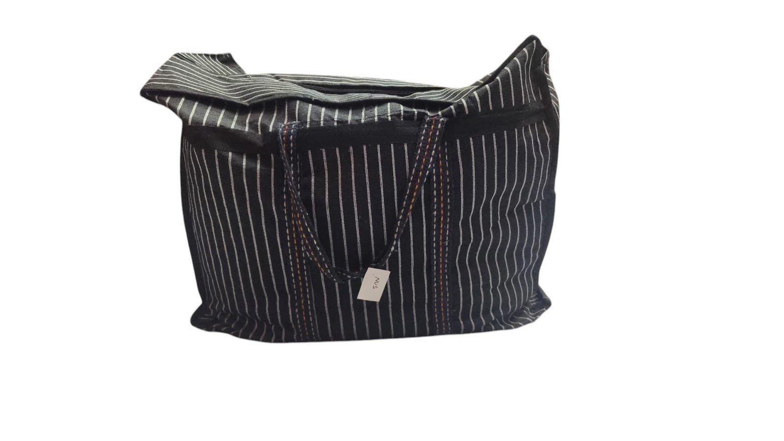 Bmart barihat black and white striped fabric travel bag with sturdy handles and zipper closure