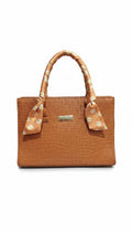 Bmart barihat tan crocodile-embossed handbag with a floral silk scarf wrapped around the top handle