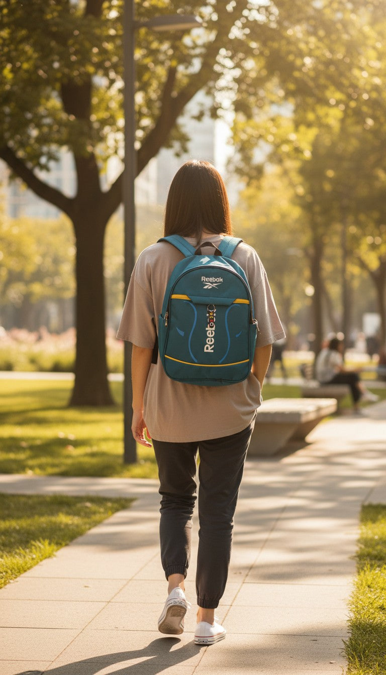 A person wearing a teal Reebok backpack with yellow accents while walking in a park, sold by Bmart barihat.