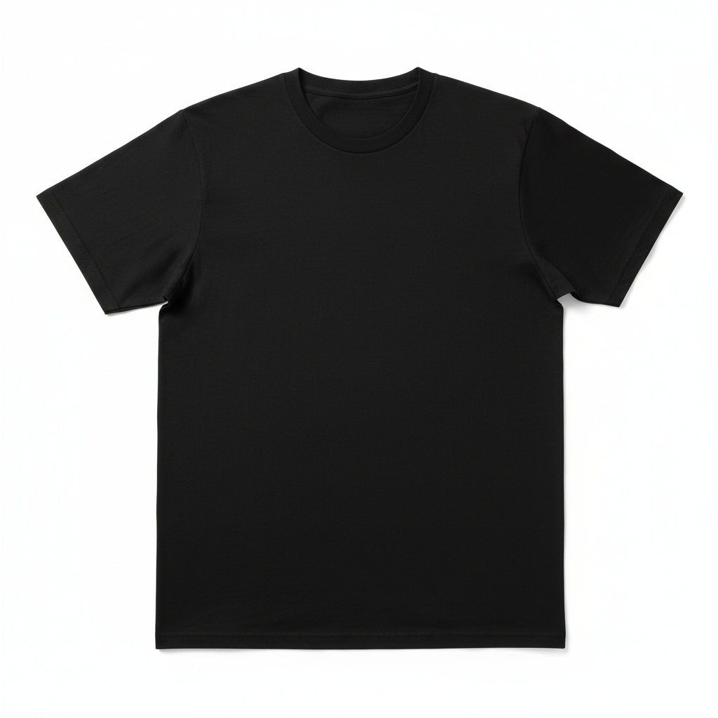 Men's black t-shirt flat lay on white background