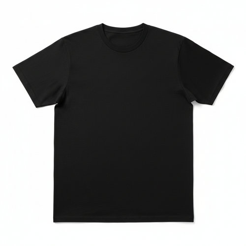 Men's black t-shirt flat lay on white background